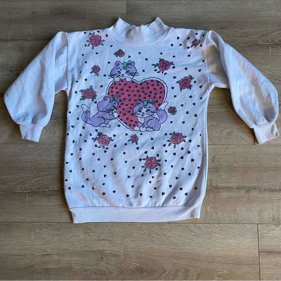 Vintage sweater girls size 6X kitty cat kitten pullover roses hearts - Picture 2 of 5